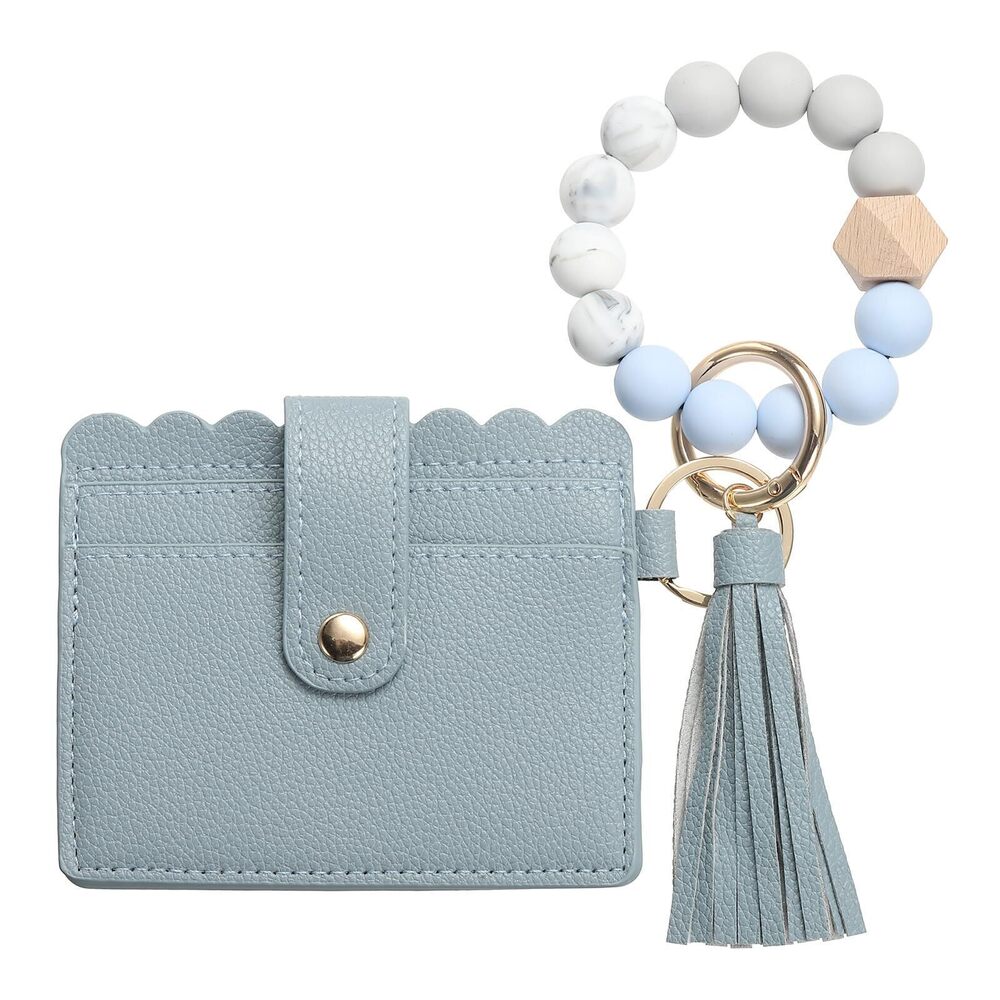 5349 Card Holder Wallet with Silicone Beaded Bracelet, Slim PU Leather